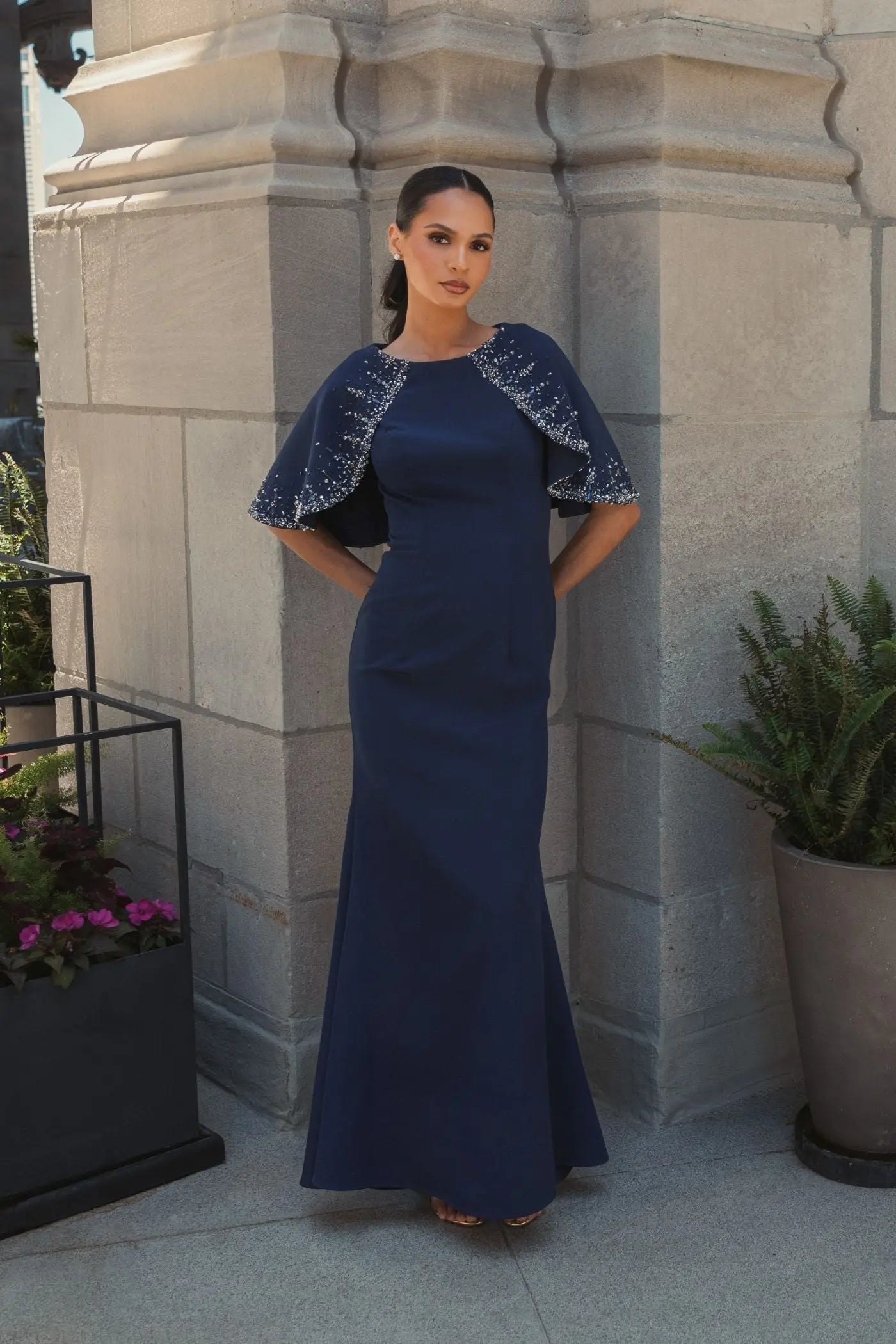 Navy Crepe High Neck Fitted Gown With Beaded Shawl