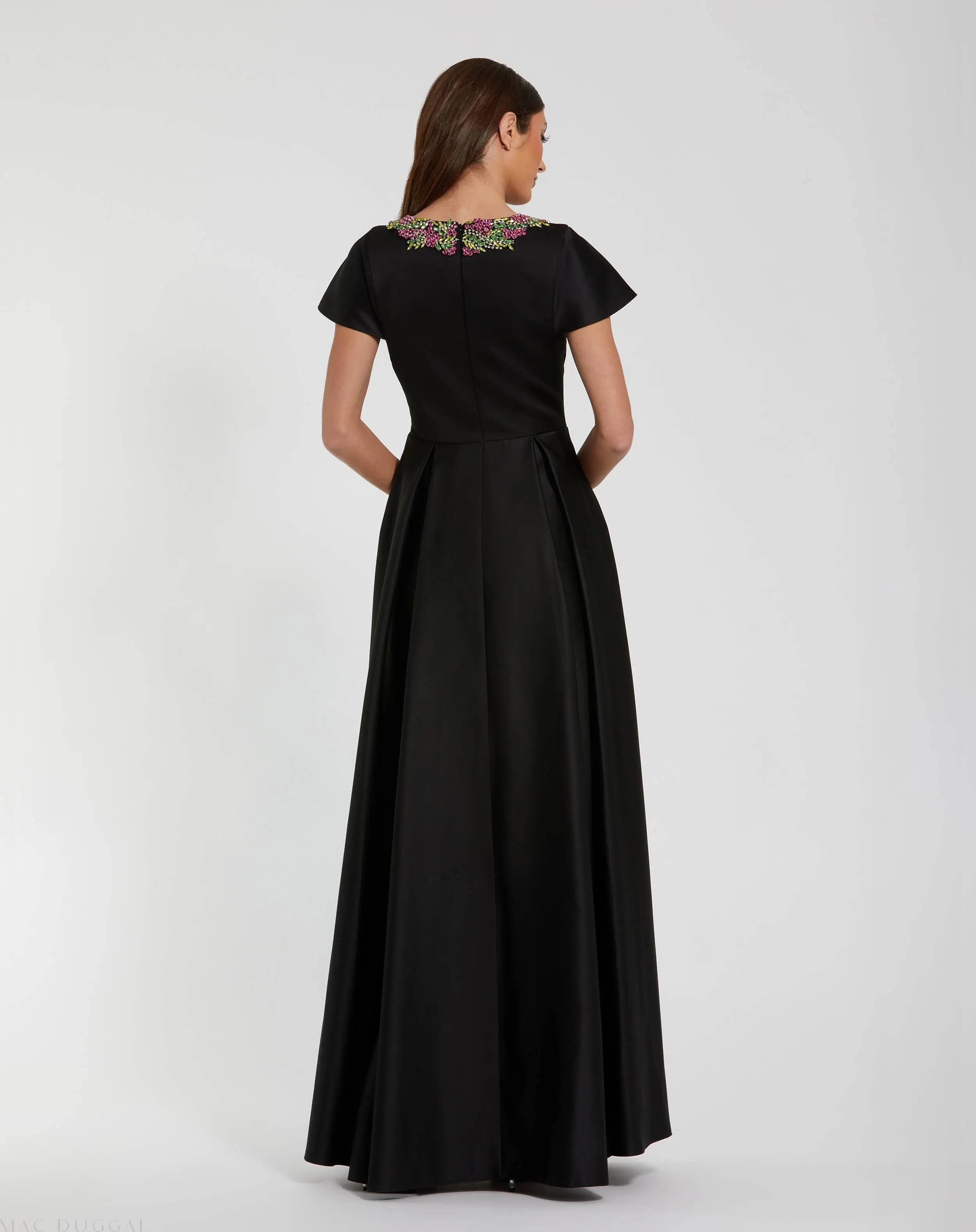Black Satin Flutter Sleeve Gown With Neckline Beading