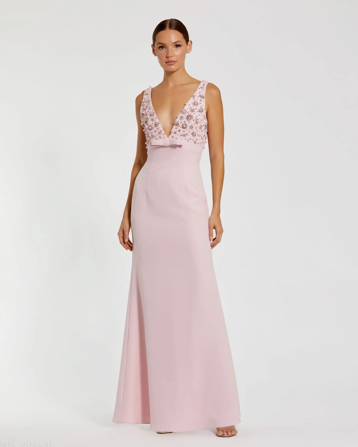 Crepe Sleeveless Beaded V Neck Gown With Bow
