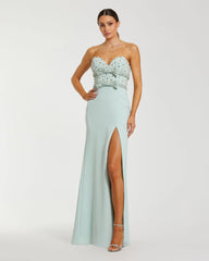 Green Strapless Rhinestone Bodice Crepe Gown