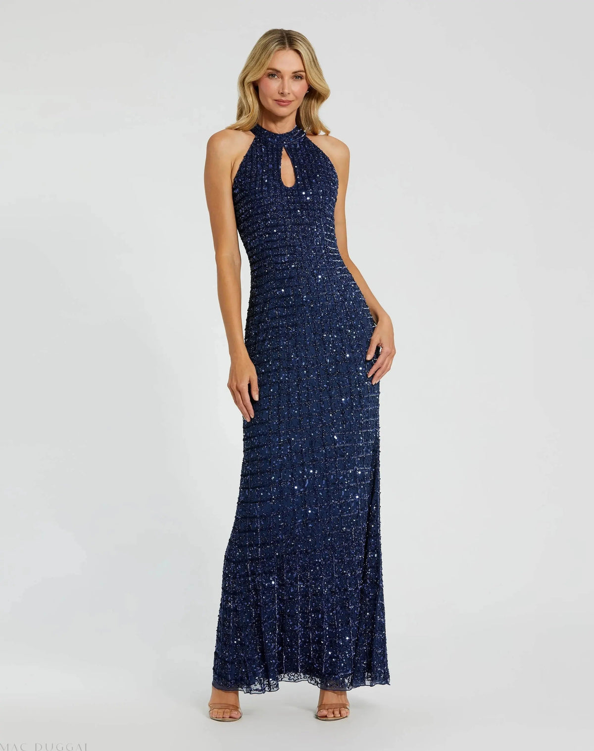 Blue Embellished Halter Neck Keyhole Gown