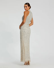 Silver Embellished Halter Neck Keyhole Gown