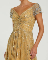 Gold Sequined Evening Gown With Embellished Shoulders