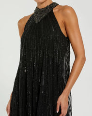Black Sleeveless Halter Neck Embellished Trapeze Gown