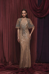 Beige Embellished Mesh Fitted Gown With Capelet