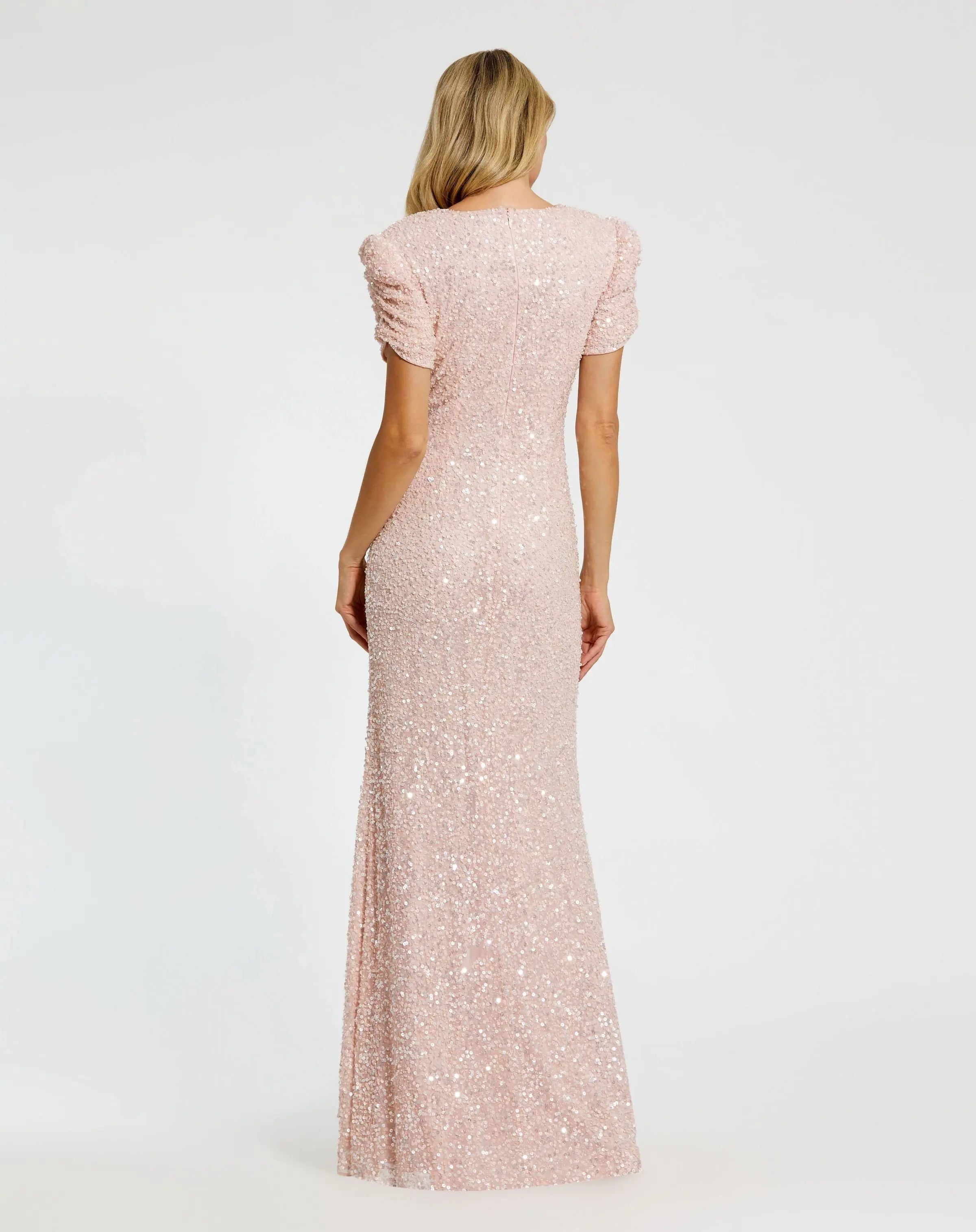 Pink Gathered Short Sleeve Beaded Gown