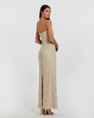 Beige Strapless Beaded Lace Fitted Column Gown