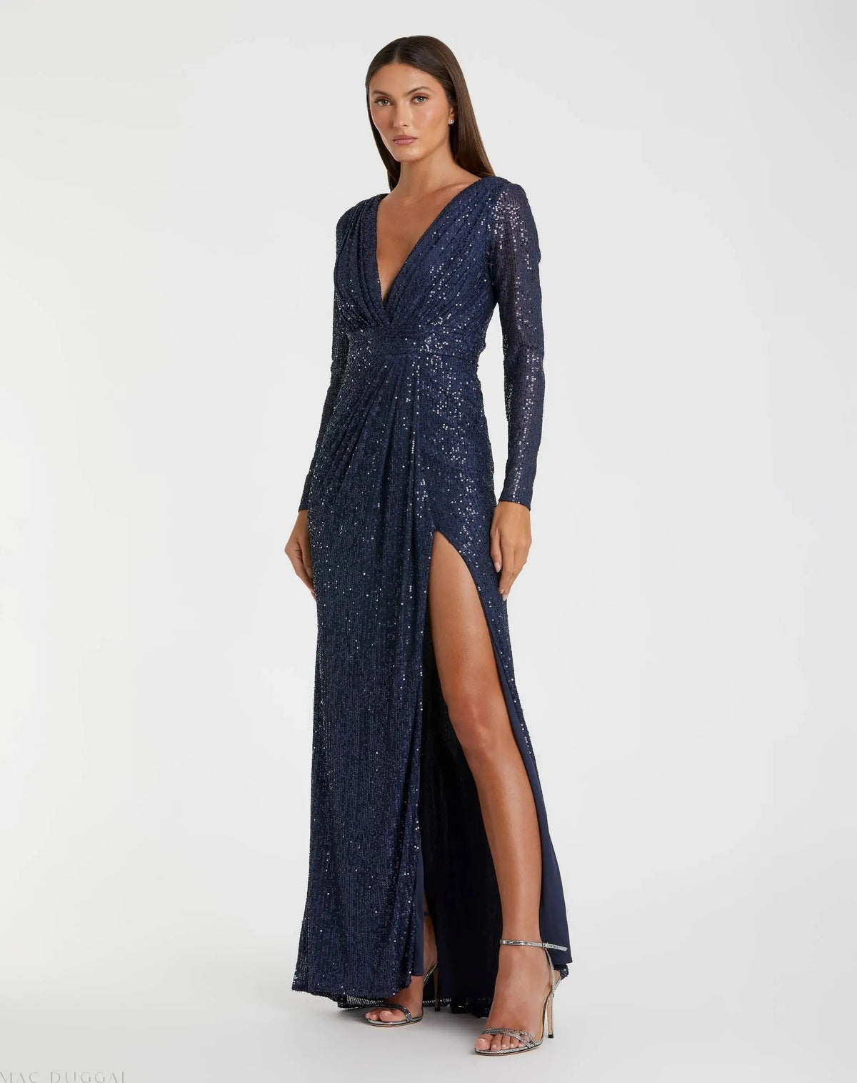 Navy Sequined Long Sleeve Gown
