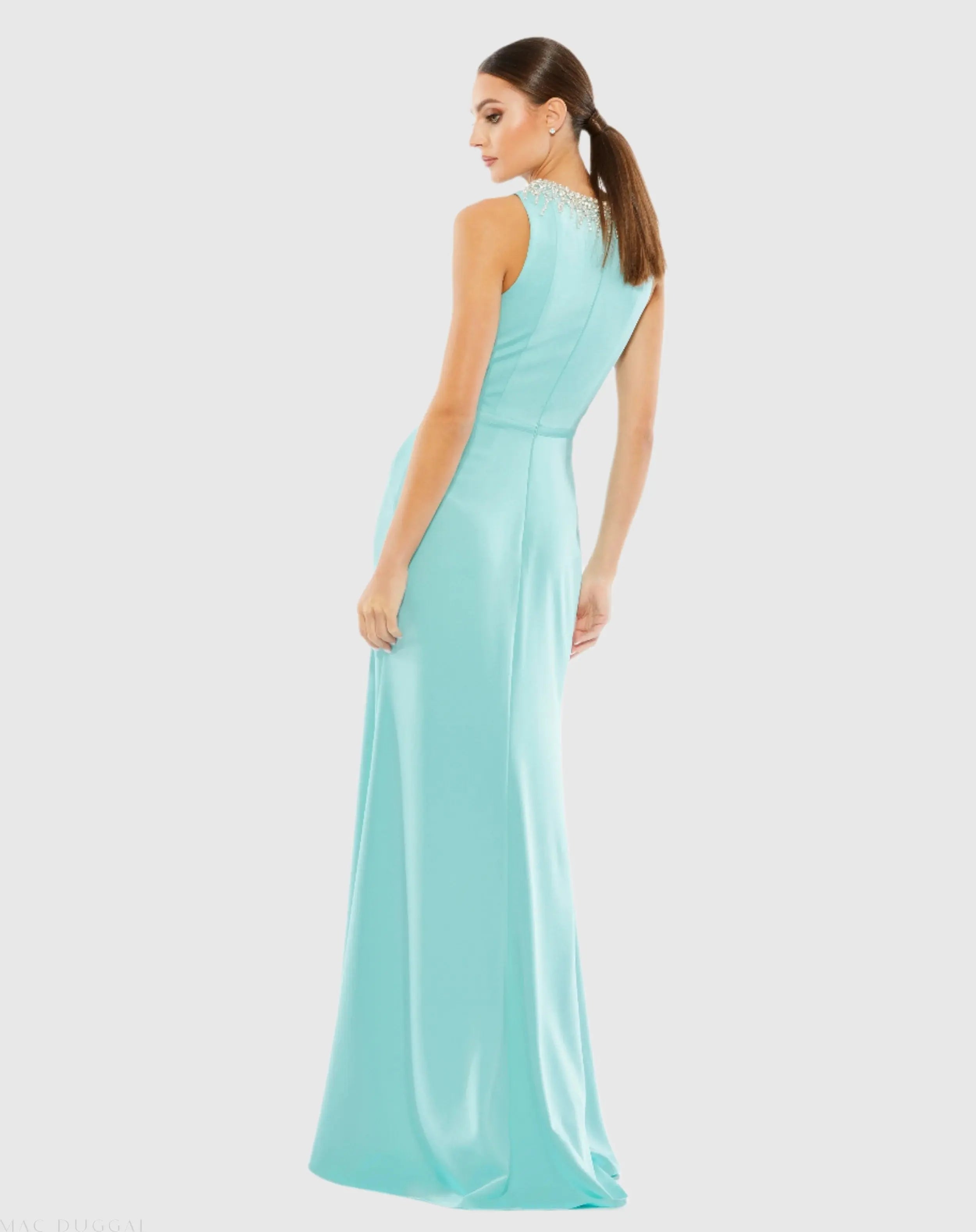 Blue Sleeveless Rhinestone Collar Column Gown