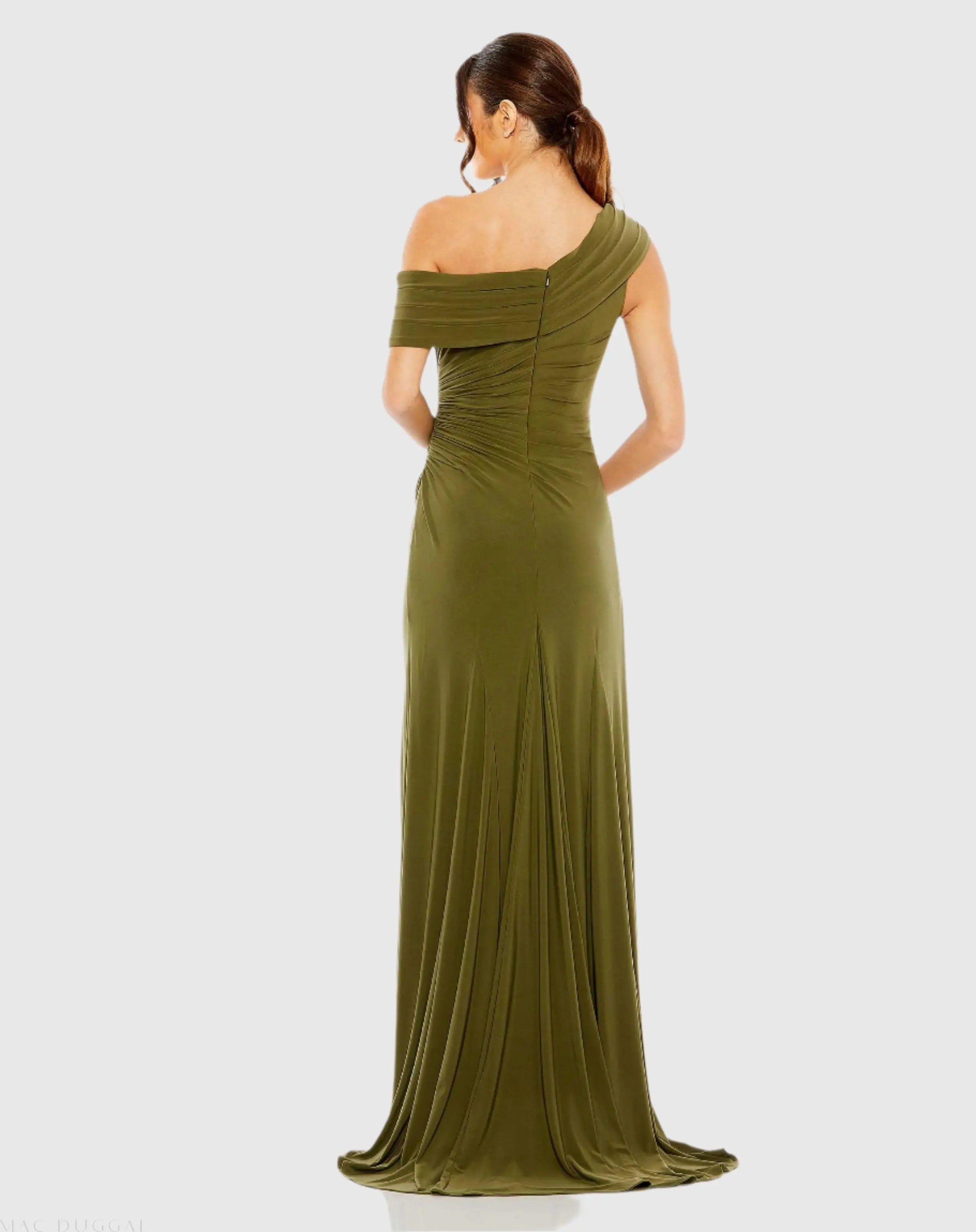 Green Foldover Off-the-Shoulder Slit Gown