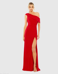 Red Foldover Off-the-Shoulder Slit Gown