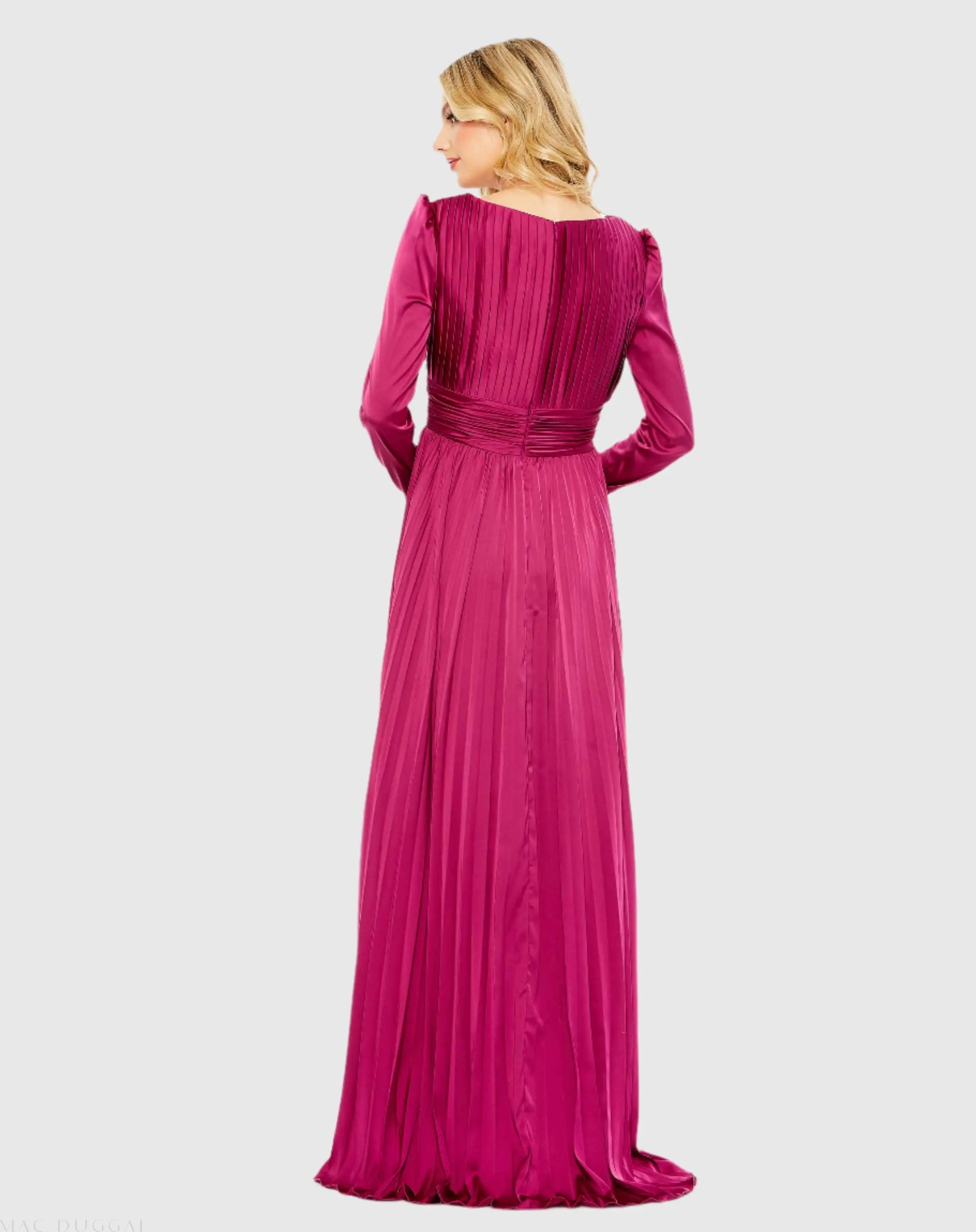 Purple Pleated Long Sleeve V-Neck Gown
