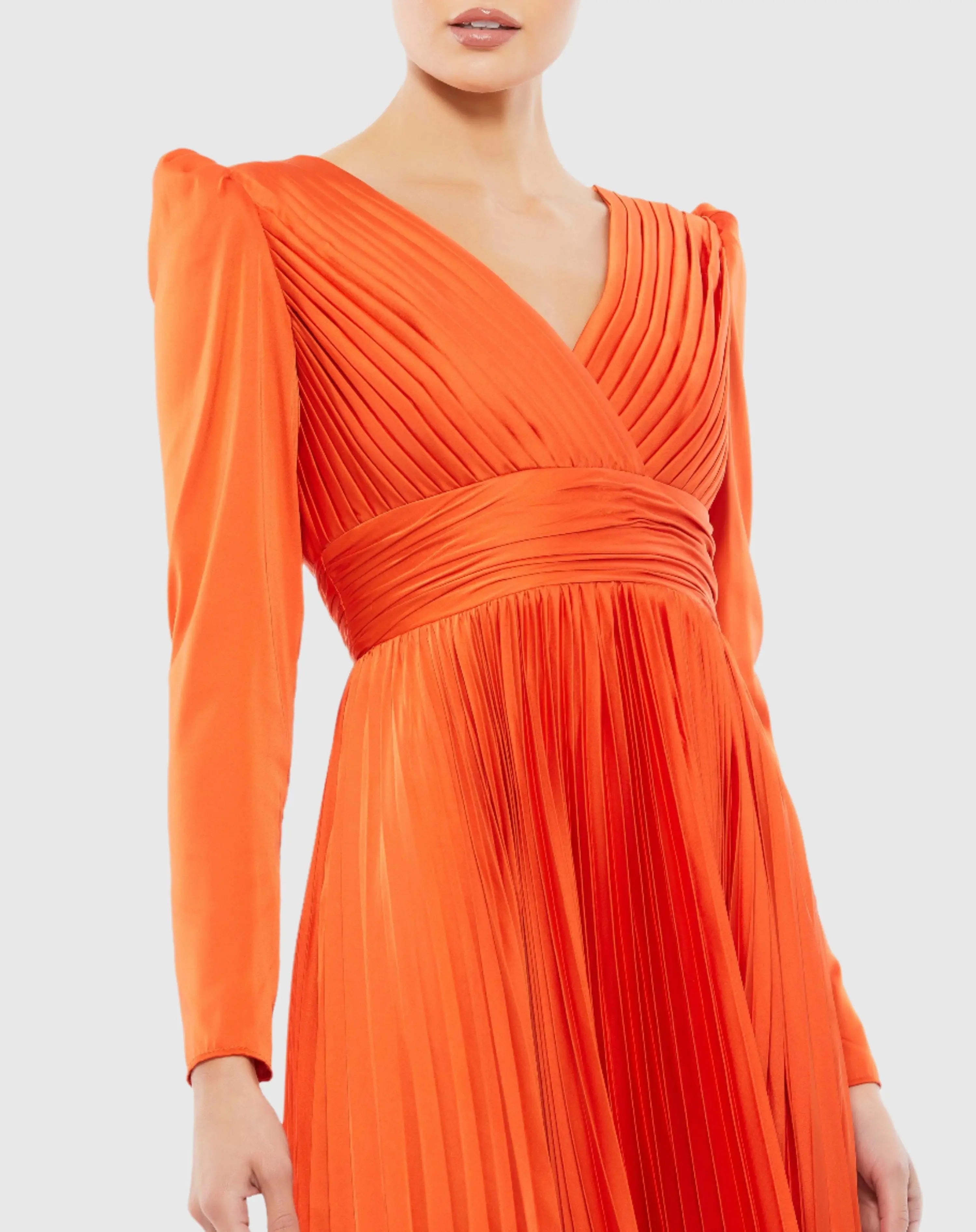 Orange Pleated Long Sleeve V-Neck Gown