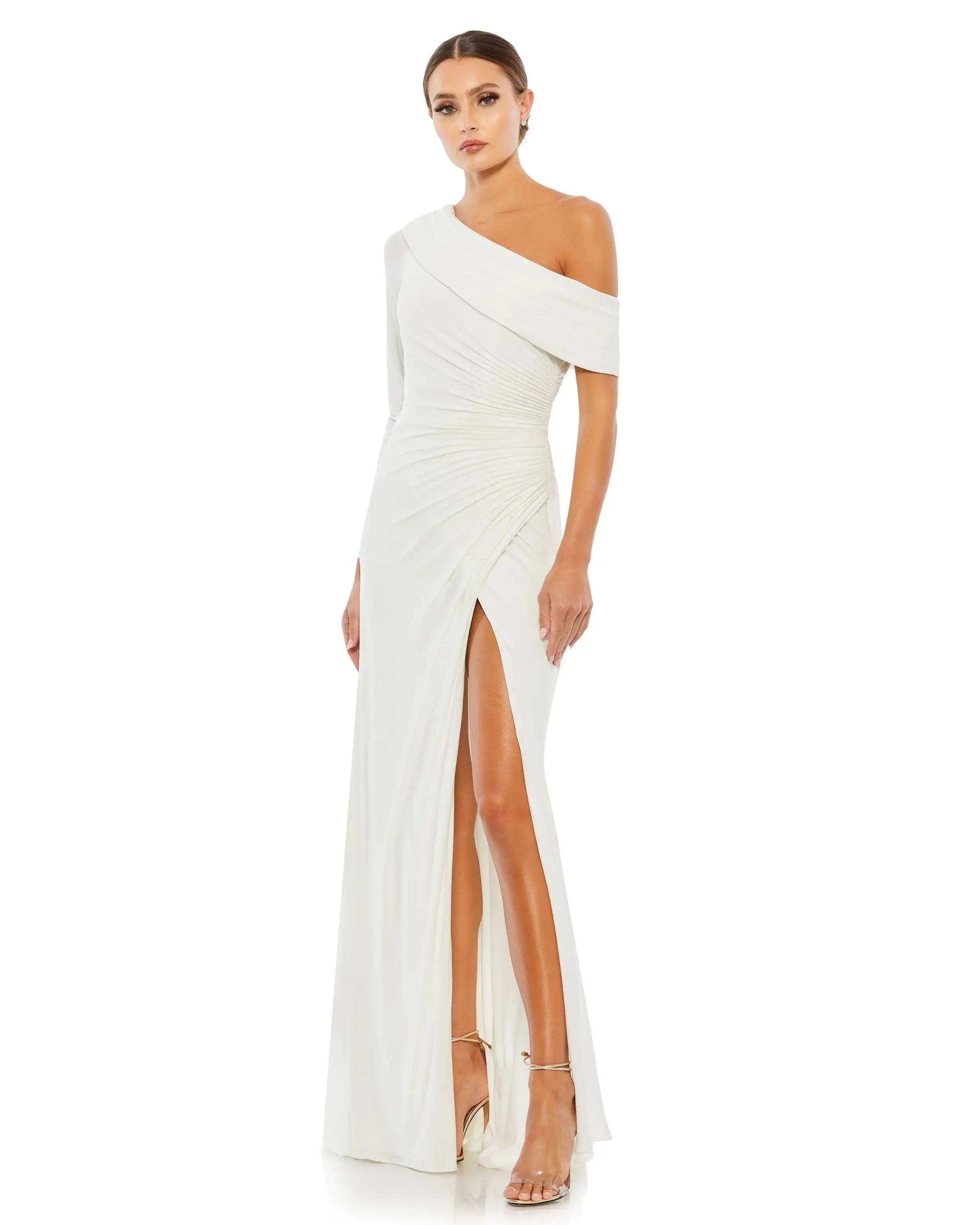 Ruched Jersey Drop Shoulder Foldover Gown