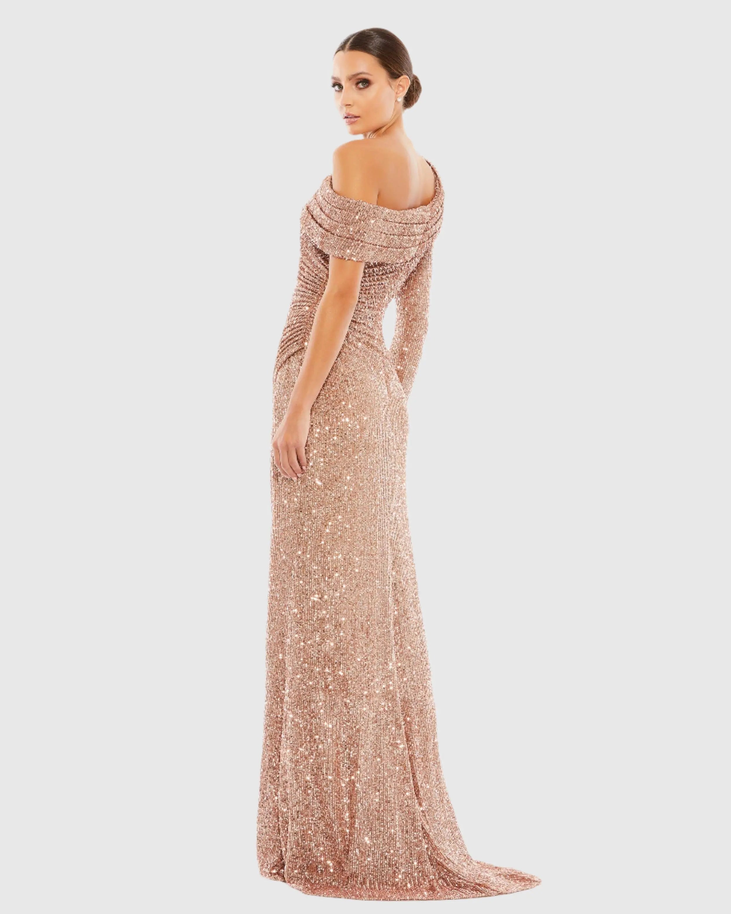 Pink Sequined Drop Shoulder Faux Wrap Gown - FINAL SALE