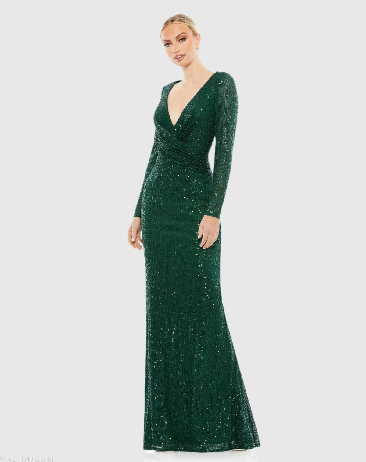 Green Sequined Faux Wrap Long Sleeve Column Gown