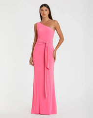 Pink Jersey One Shoulder Belted Trumpet Gown