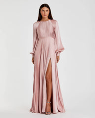 Pink Pleated High Neck Raglan Long Sleeve Side Slit Gown