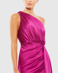 Purple Gathered One Shoulder Satin Faux Wrap Gown