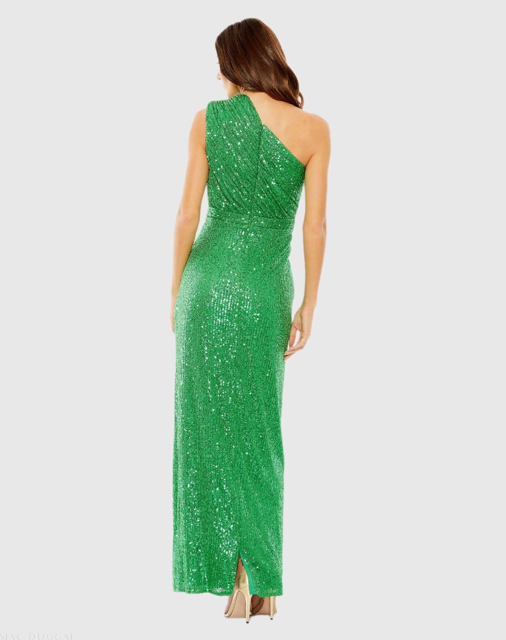 Green Sequined Ruched One Shoulder Gown