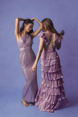 Purple Sequined Ruched One Shoulder Gown
