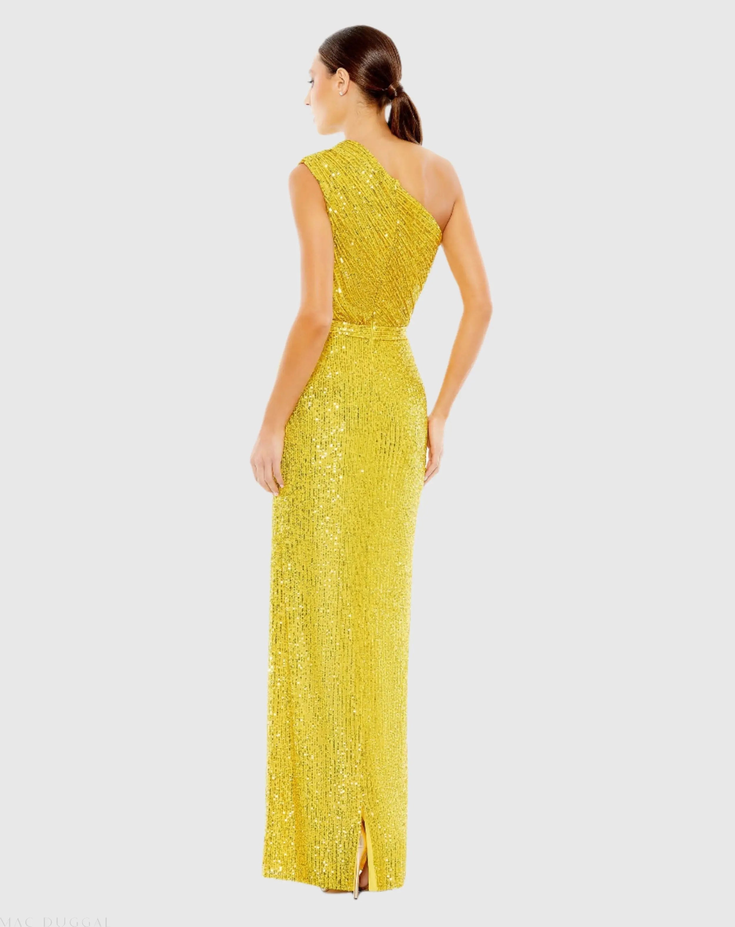 Yellow Sequined Ruched One Shoulder Gown