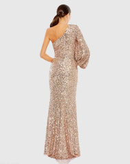 Pink Sequined One Shoulder Bishop Sleeve Trumpet Gown