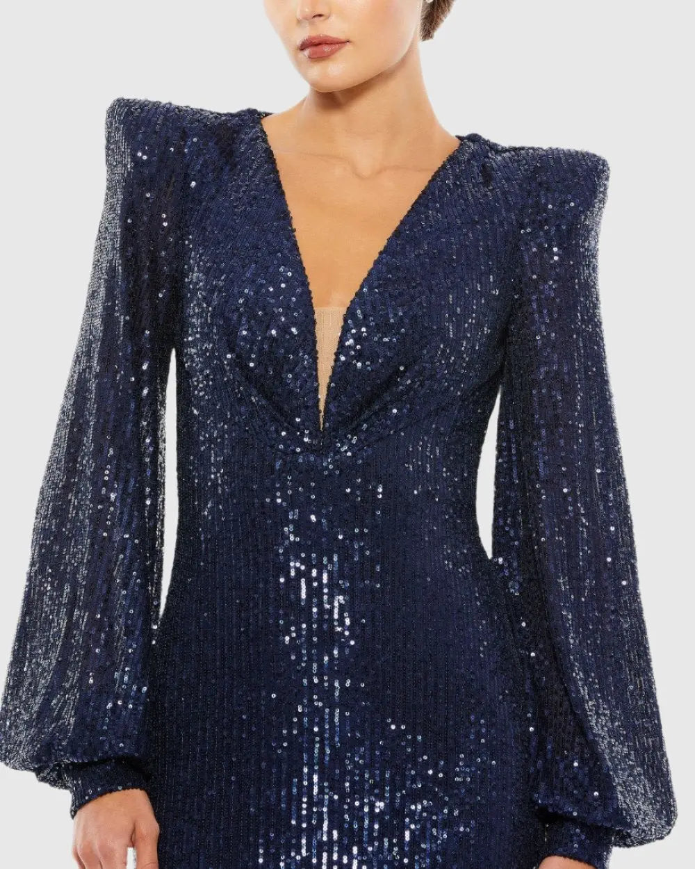 Navy Sequined Plunge Neck Structured Bishop Sleeve Gown