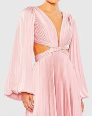 Pink Long Sleeve Pleated Charmeuse Cut Out Gown