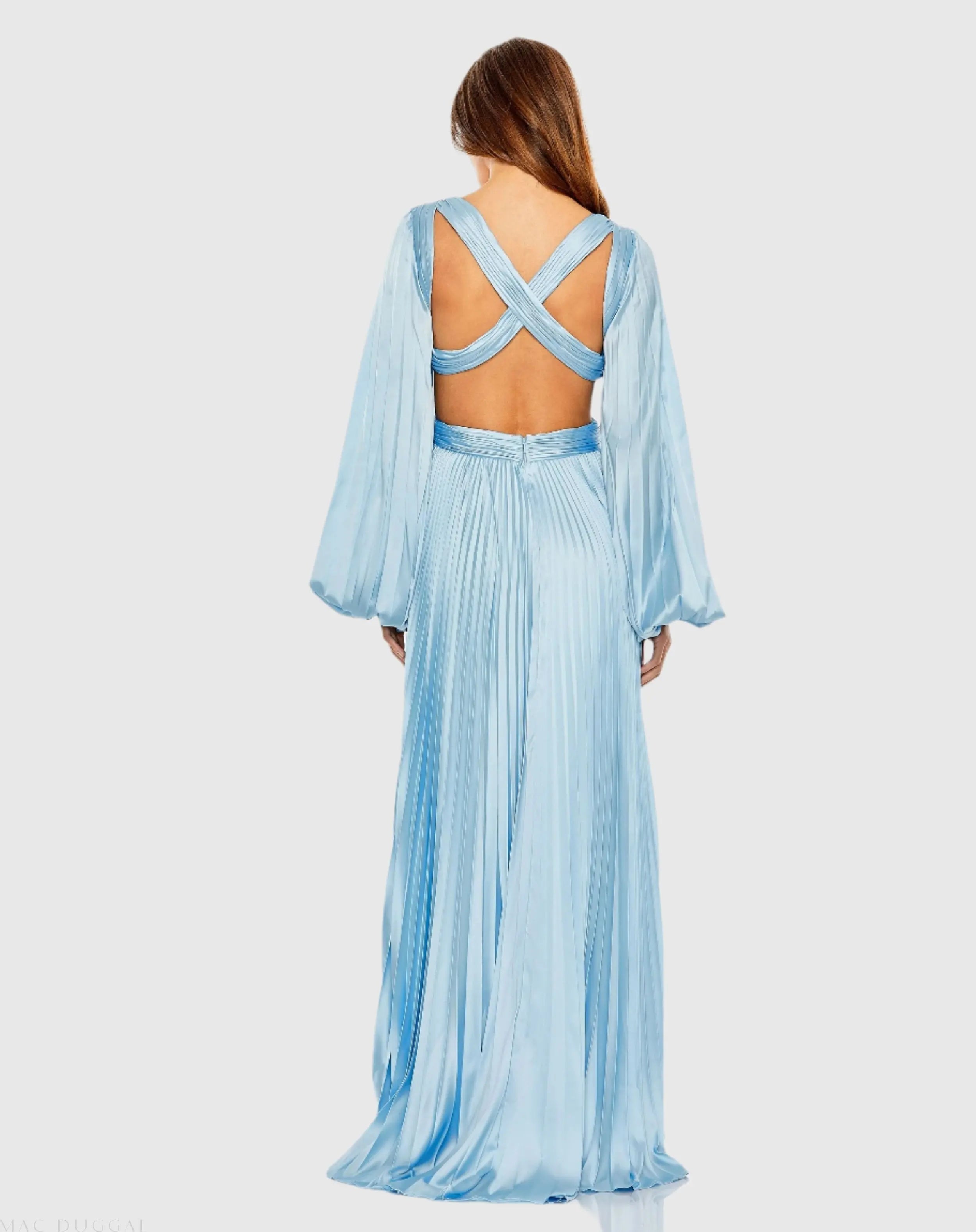 Blue Long Sleeve Pleated Charmeuse Cut Out Gown