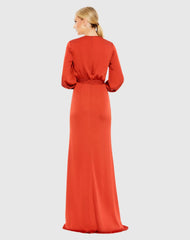 Red Draped Bishop Sleeve Charmeuse Gown