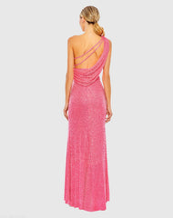 Pink Sequined One Shoulder Draped Back Gown