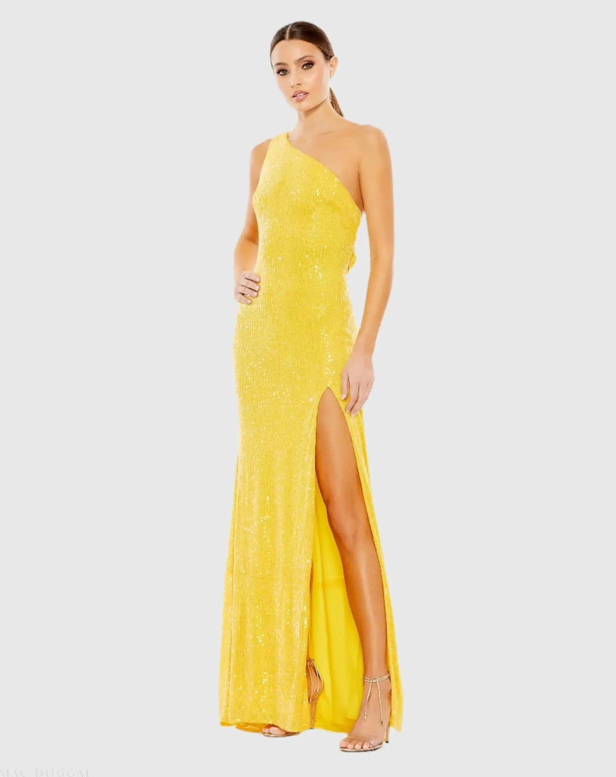 Yellow Sequined One Shoulder Draped Back Gown
