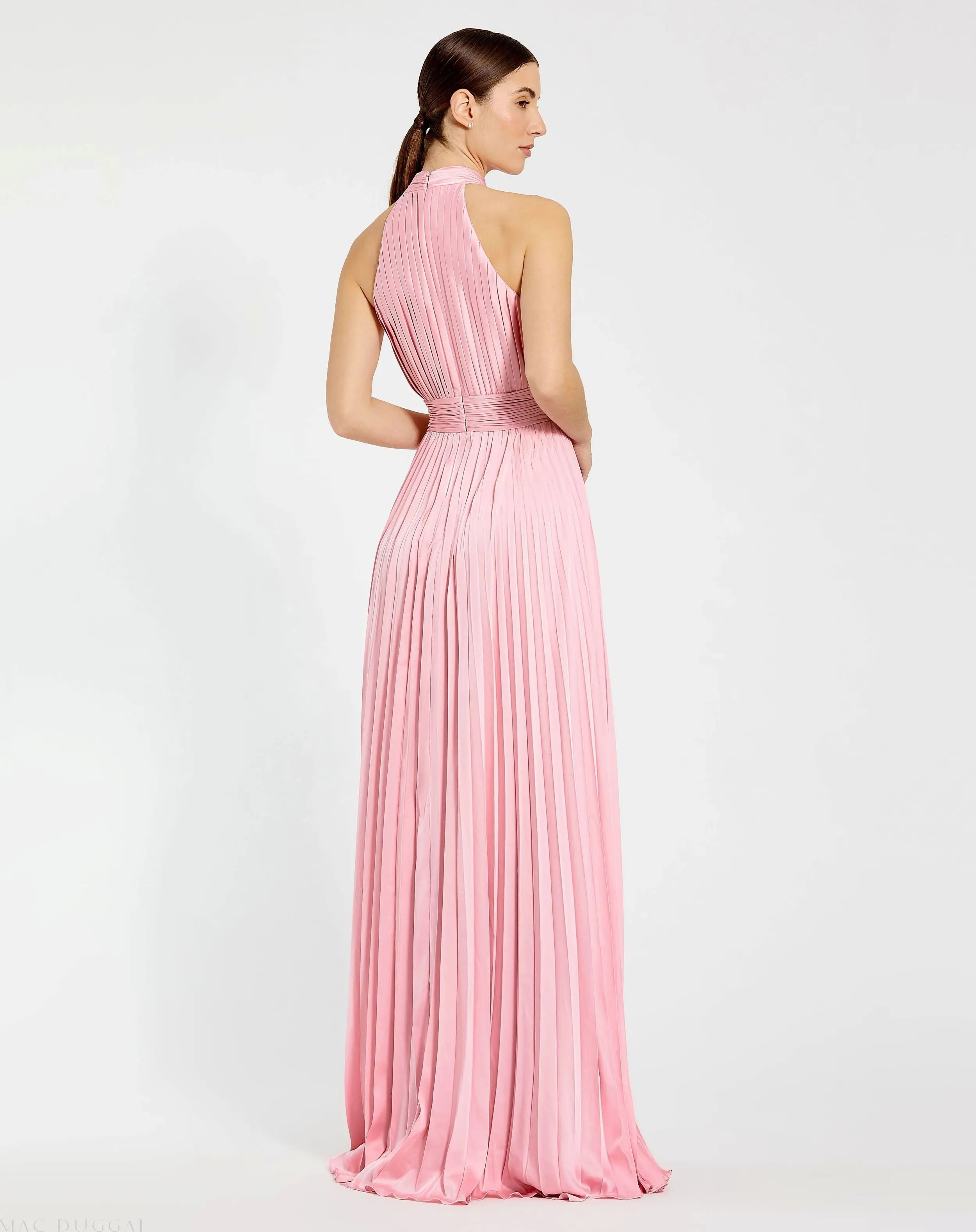 Pink Pleated High Neck Satin Sleeveless Halter Gown