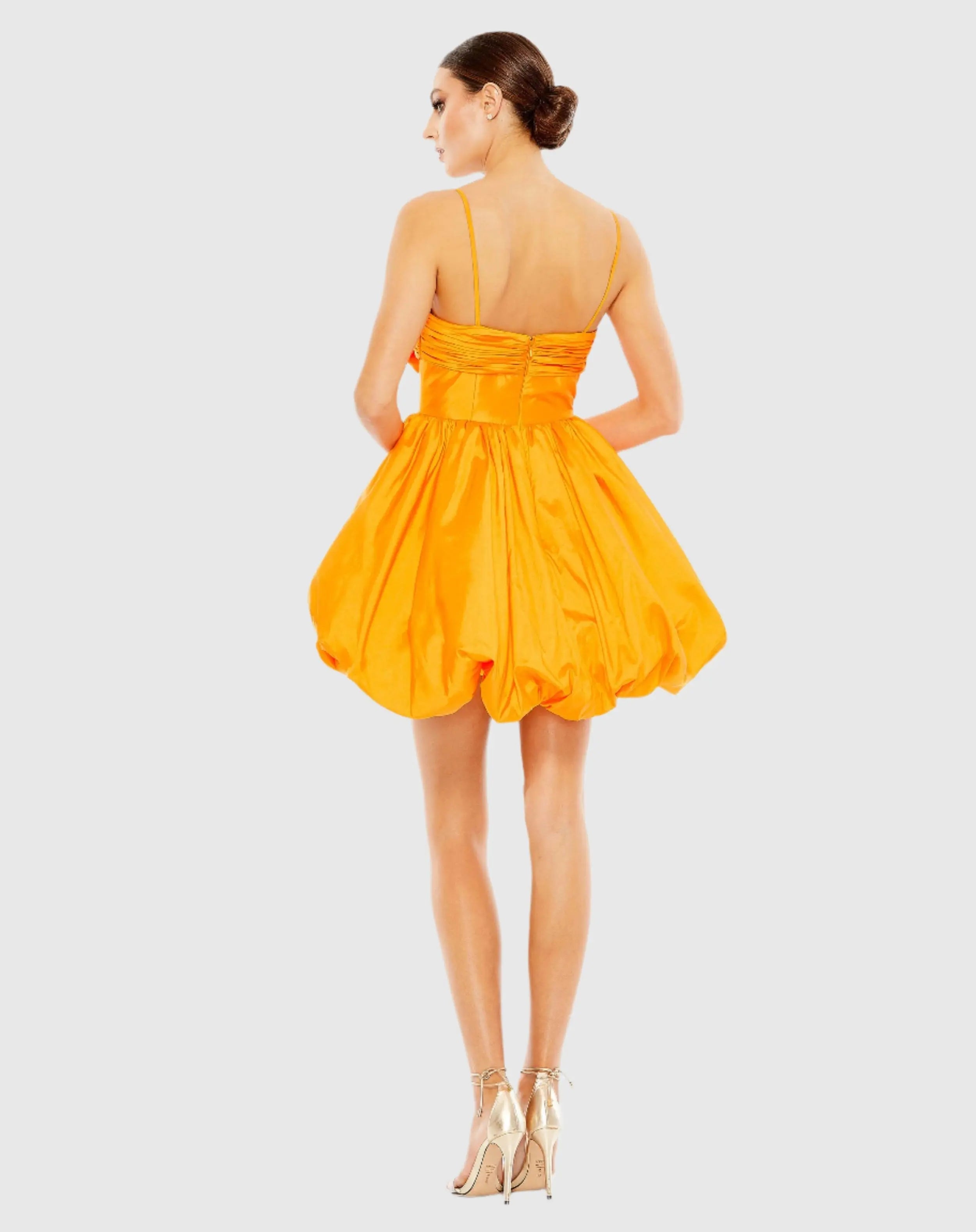 Orange Spaghetti Strap Center Bow Balloon Mini Dress