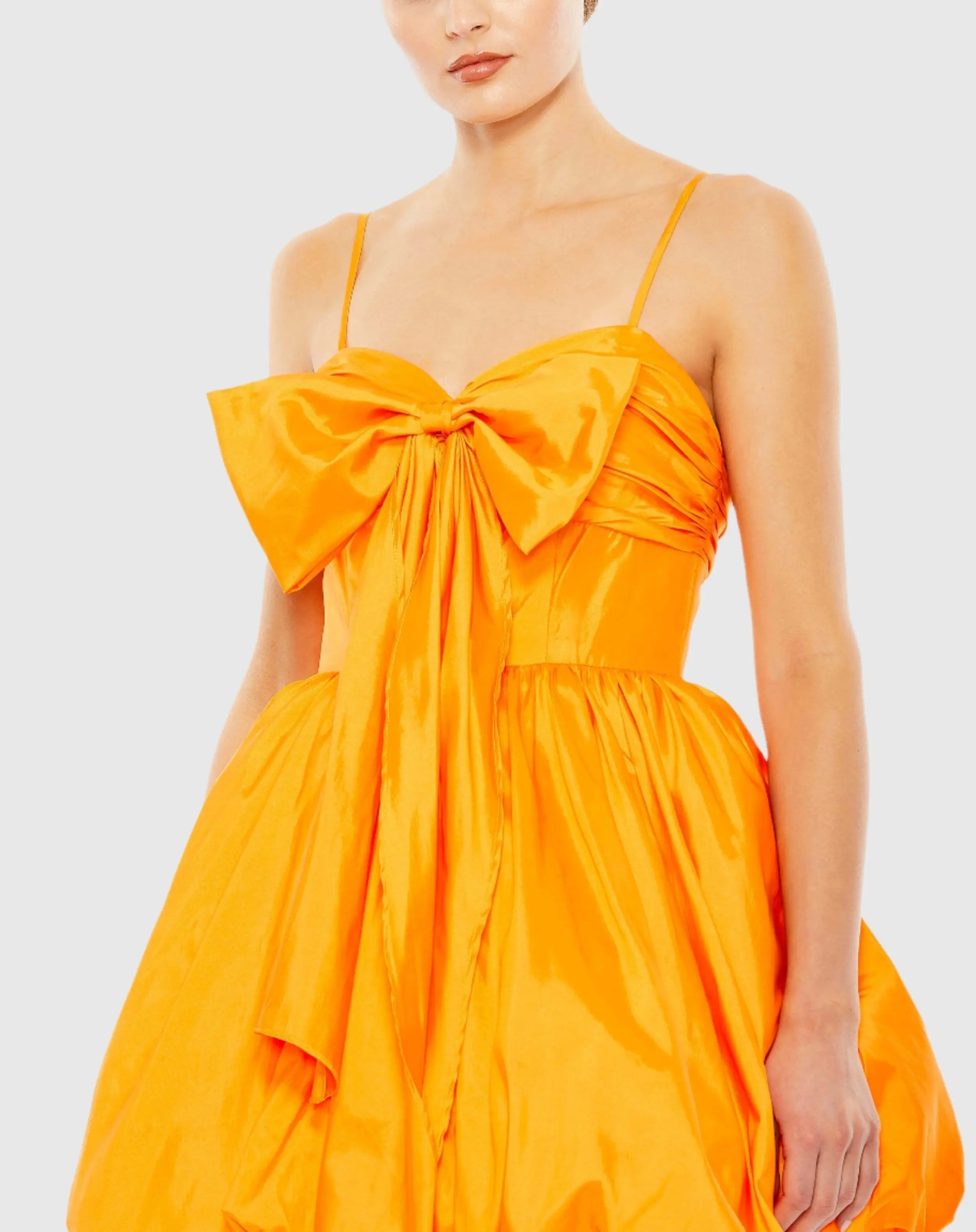 Orange Spaghetti Strap Center Bow Balloon Mini Dress