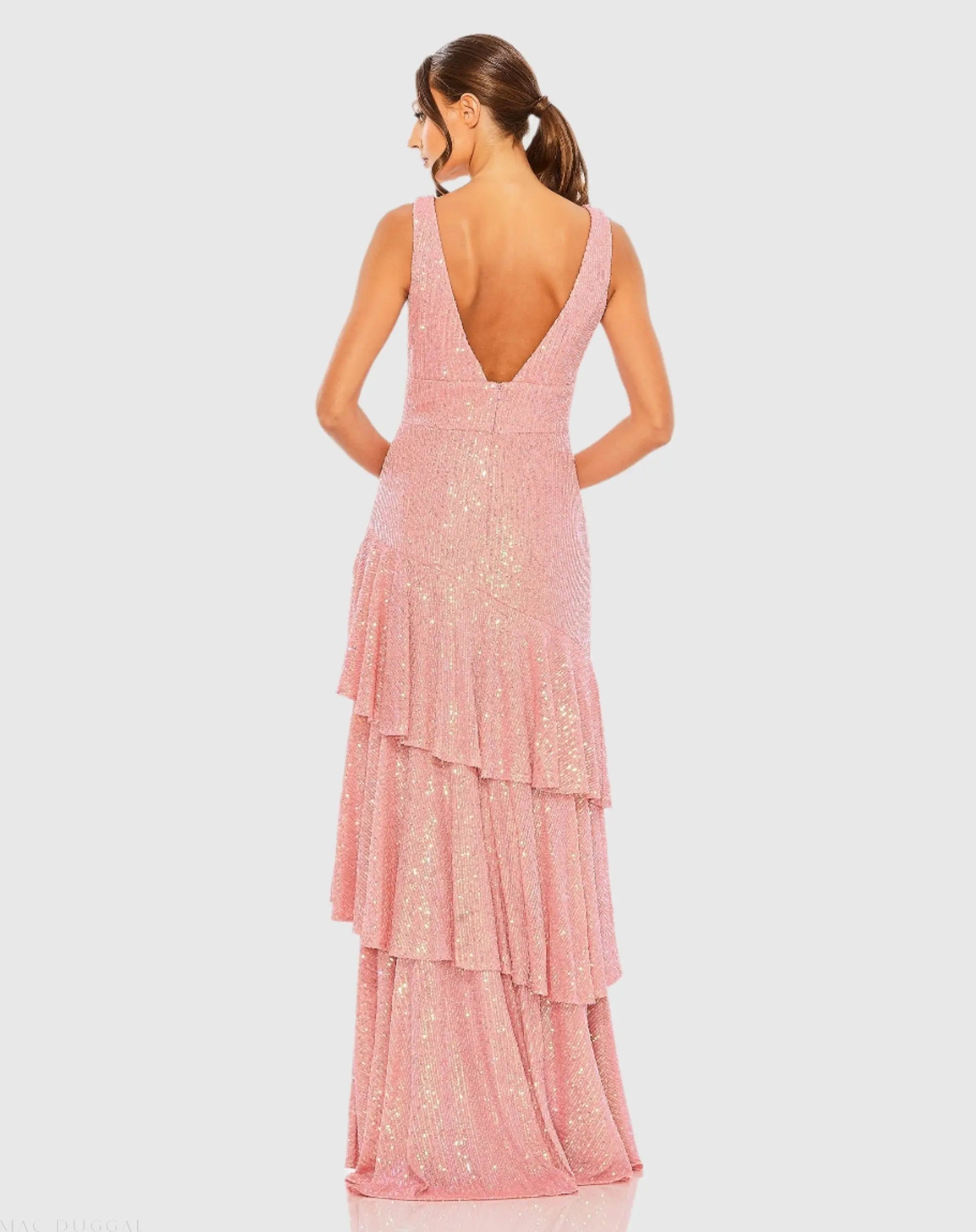 Pink Sequin Asymmetrical Ruffle Tiered Gown