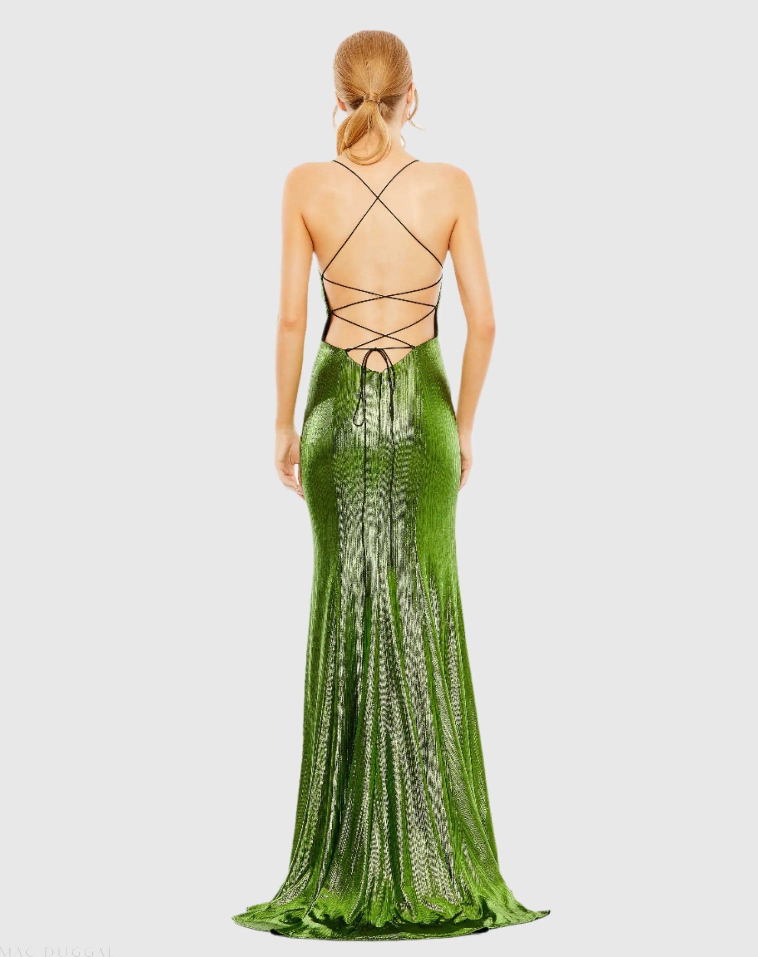 Green Metallic Corset Back Column Gown