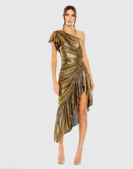 Gold One Shoulder Flutter Sleeve High Low Dress - Final Sale