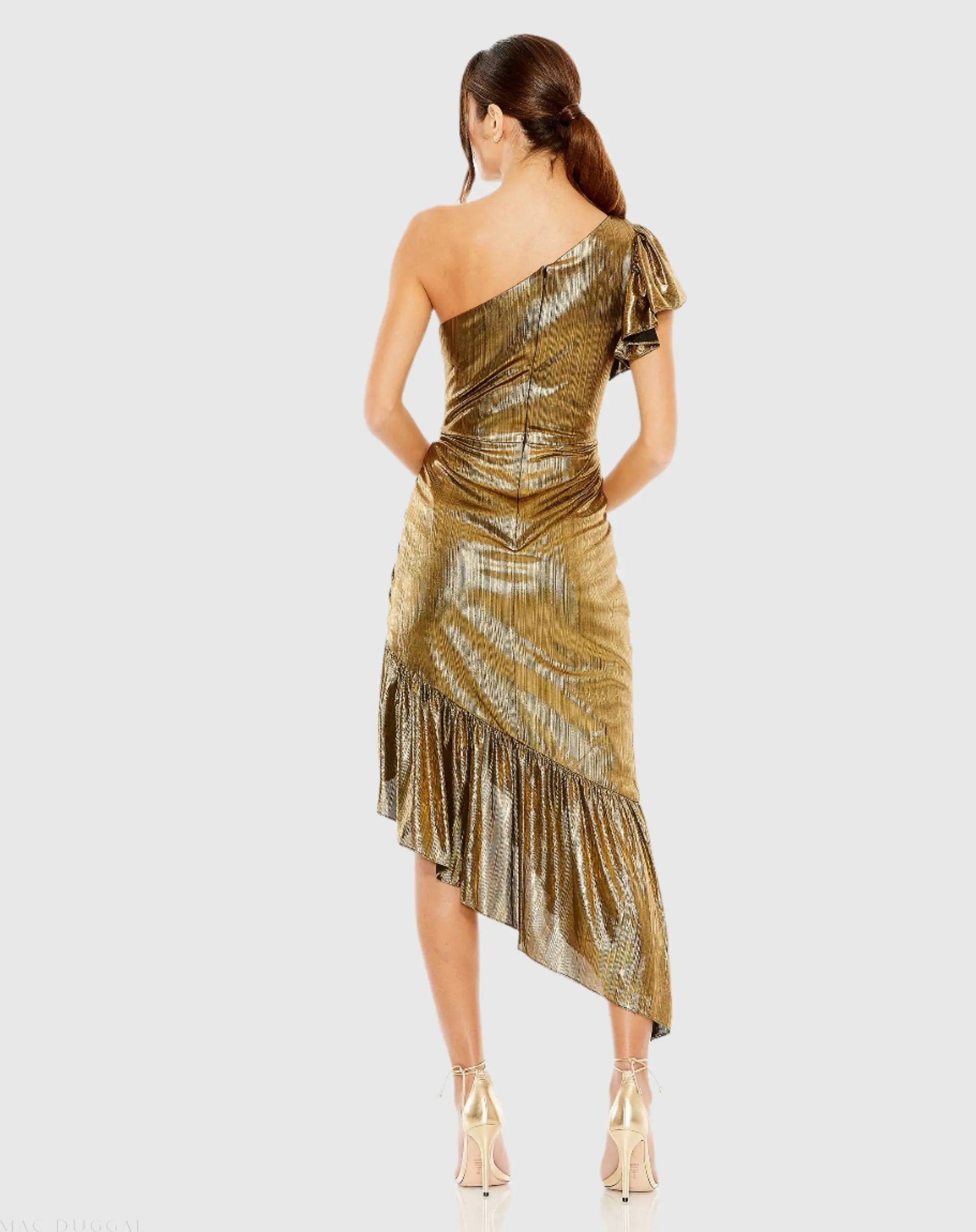 Gold One Shoulder Flutter Sleeve High Low Dress - Final Sale