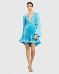 Blue Pleated V-Neck Cutout Long Sleeve Mini Dress