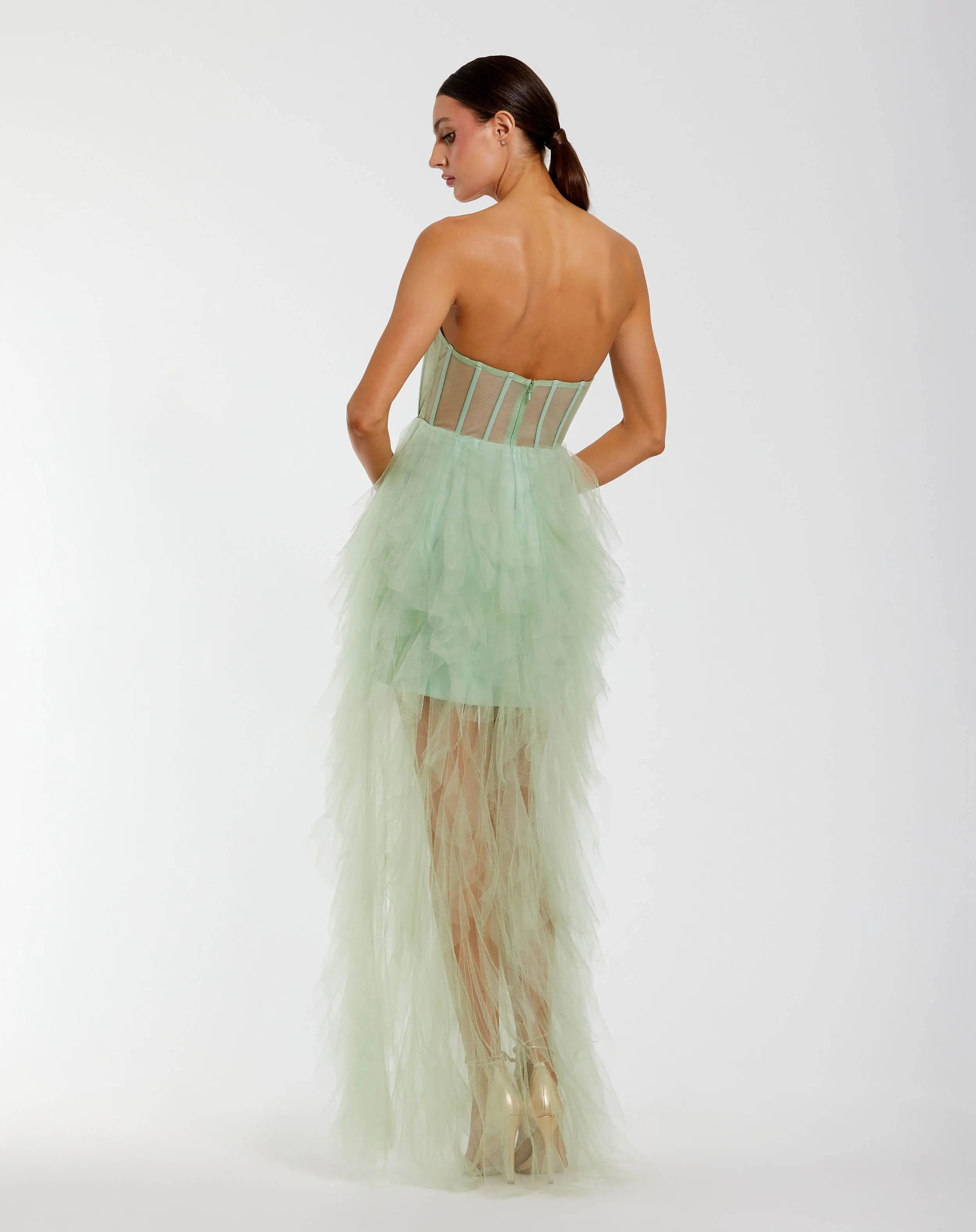 Green Strapless Corset Gown with Spiral Ruffles