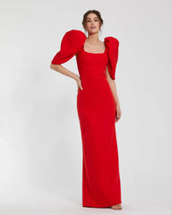 Red Fitted Crepe Square Neck Gown With Puff Sleeves