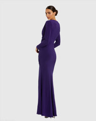 Purple Long Sleeve Cowl Neck Jersey Gown With Slit