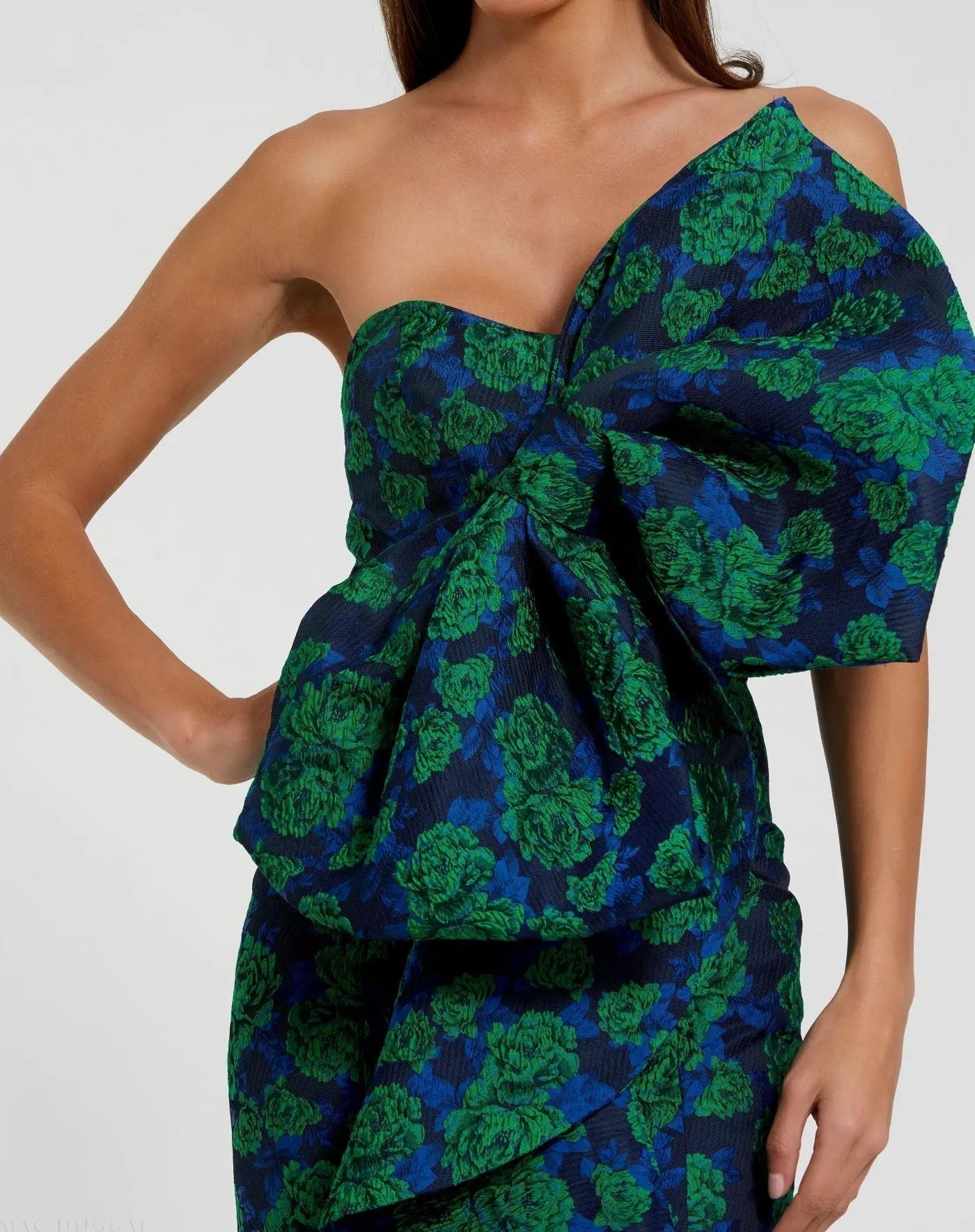 Blue and Green Strapless Brocade Fitted Gown With Oversized Bow
