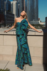 Blue and Green Strapless Brocade Fitted Gown With Oversized Bow