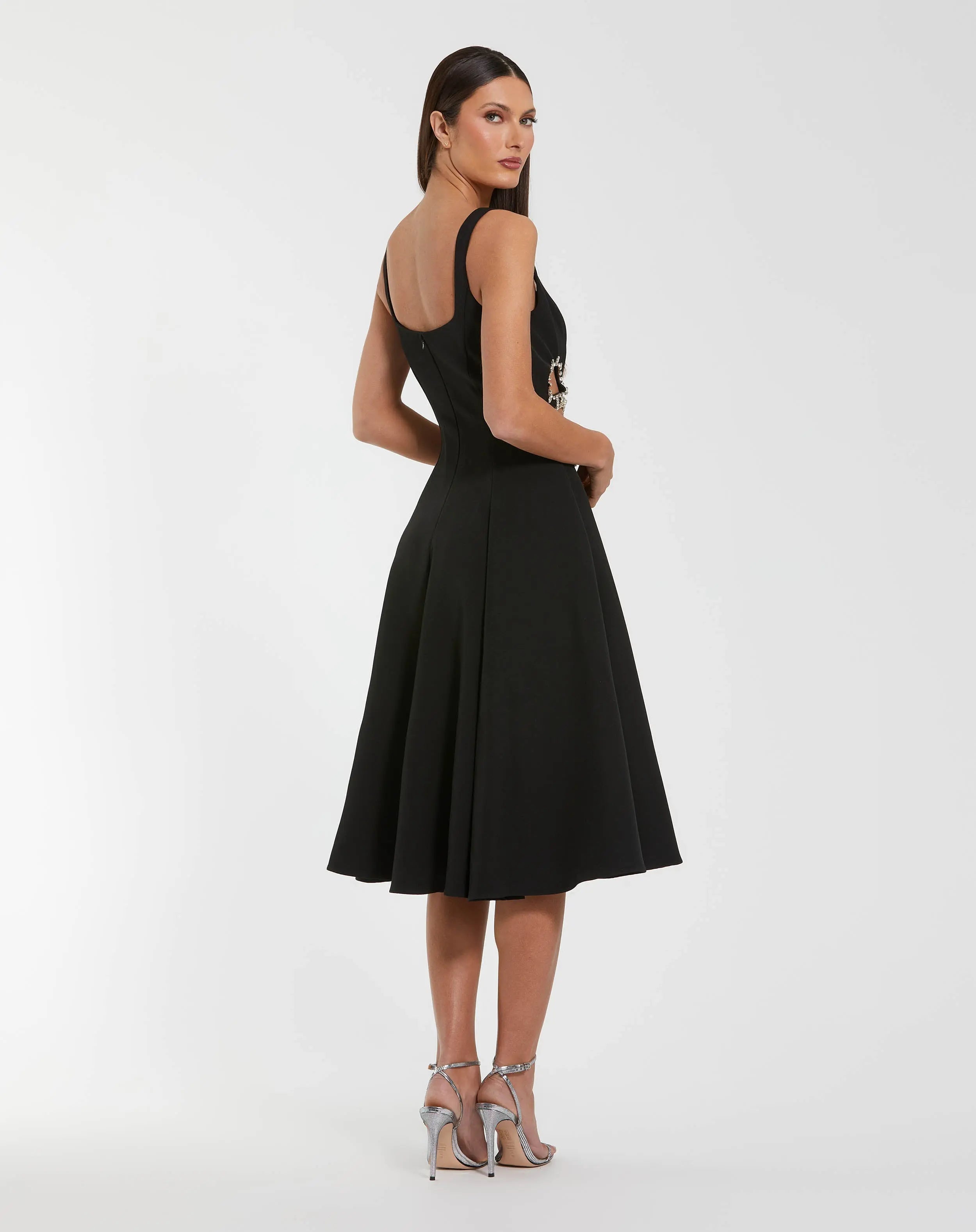 Black Sleeveless Crepe Rhinestone Cutout Midi Dress