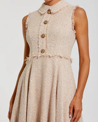 Pink Boucle Sleeveless Collared Button Up Midi Dress