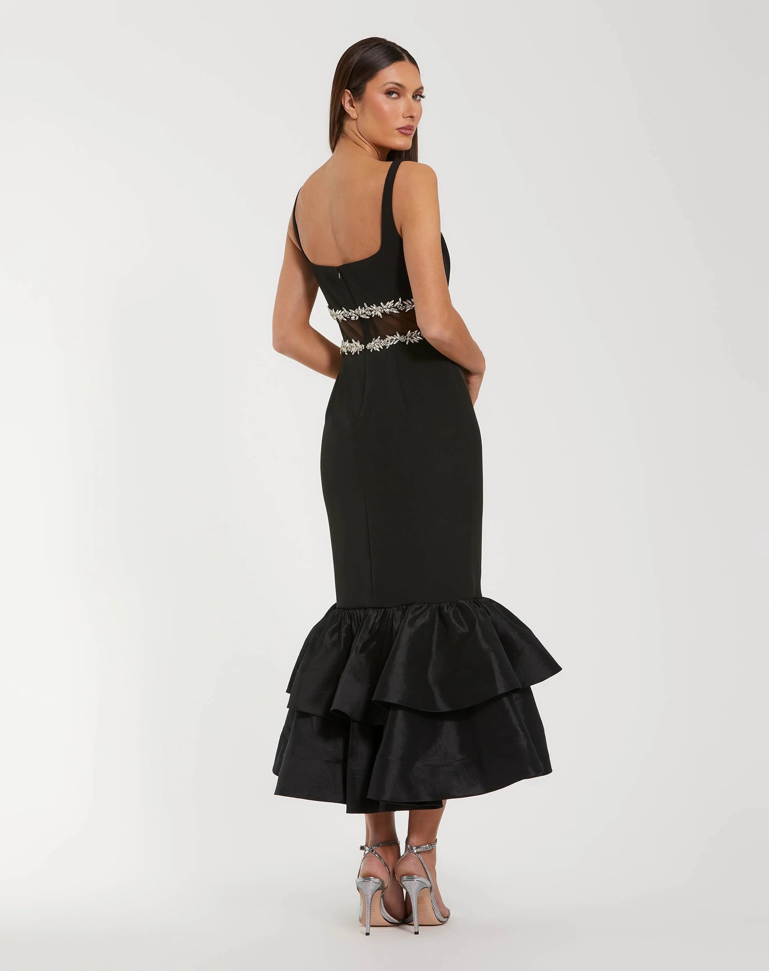 Black Crepe Ruffle Hem Midi Dress With Jewel Detail