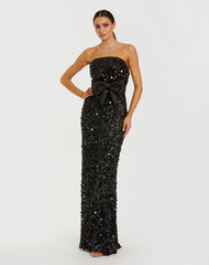 Black Strapless Sequin Evening Gown With Bow